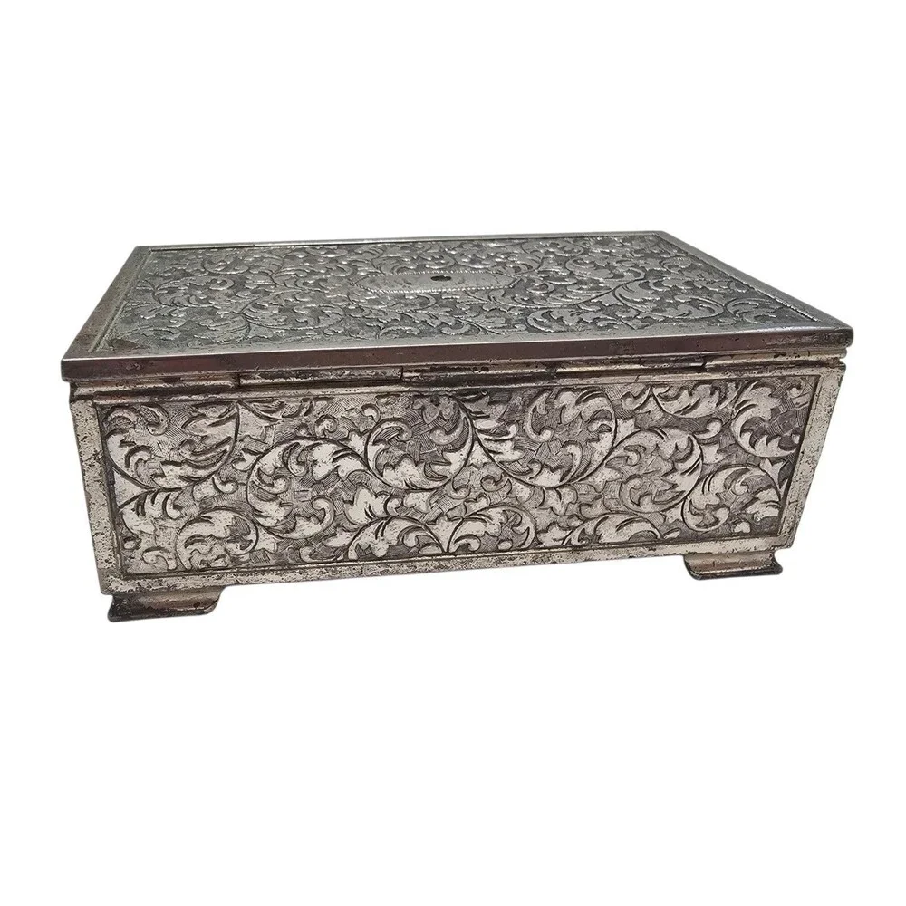 Vintage Ornate Silver Metal Decorative Music Box with Intricate Floral Engraving